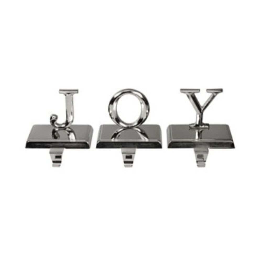 Pottery Barn Joy Stocking Holders Set of 3 Silver Beveled Christmas Mantel Decor